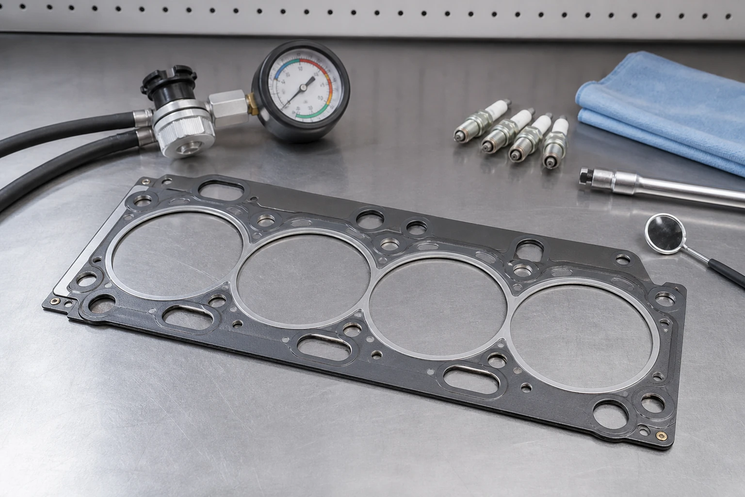 Unbranded multi-layer steel cylinder head gasket on an engine workbench with cooling pressure tester, spark plugs and clean inspection tools