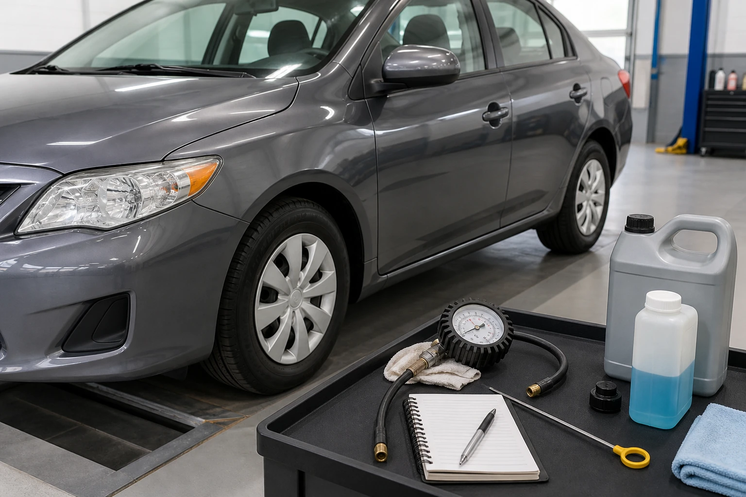 Unbranded compact sedan beside a clean inspection bay with tyre gauge, fluid check tools, service notebook and basic maintenance items arranged safely