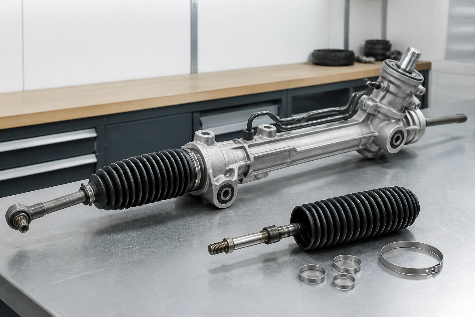 Unbranded rack-and-pinion steering gear on a bench with one intact bellows and one removed boot showing clamps and inner tie rod