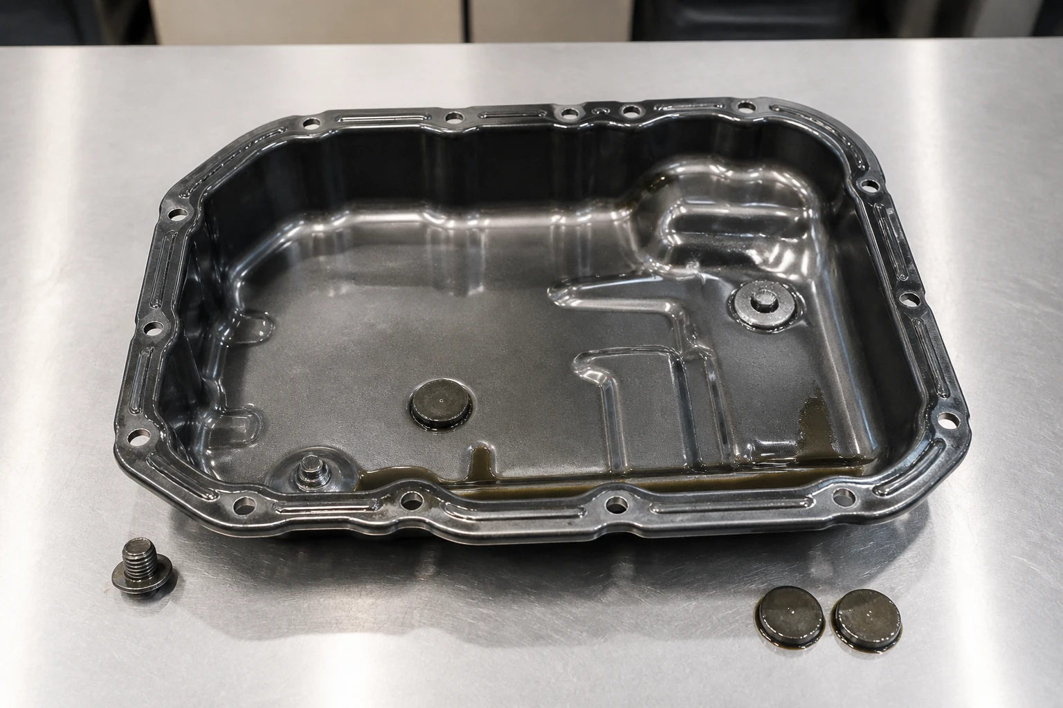 Unbranded stamped transmission oil pan on a clean service bench with drain plug, gasket rail, magnets and a small traced fluid residue